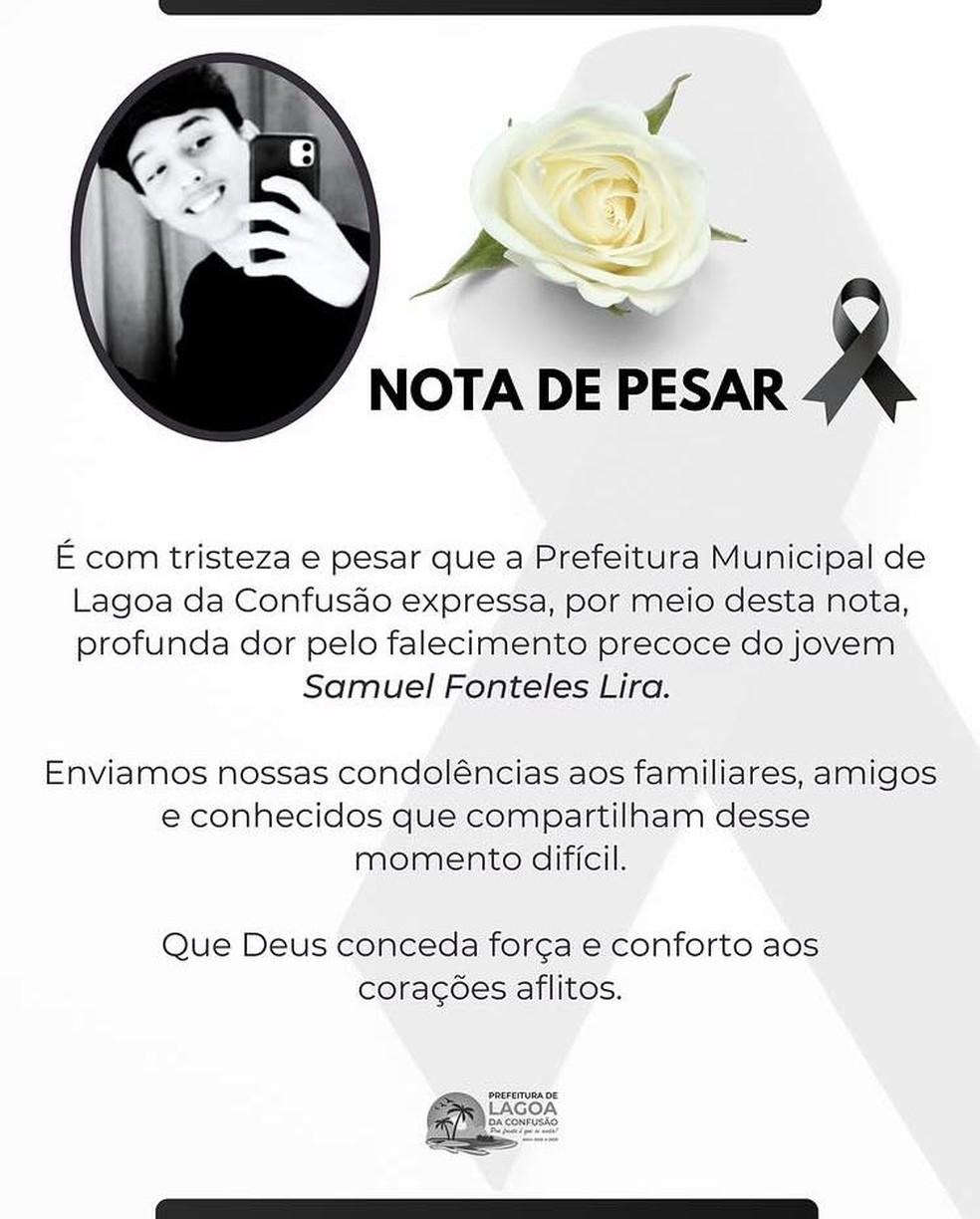Nota de pesar da Prefeitura de Lagoa da Confuso Foto DivulgaoPrefeitura de Lagoa da Confuso