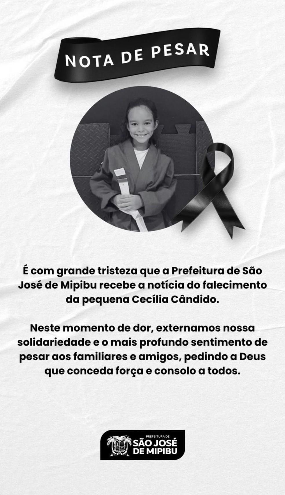 Nota de pesar pela morte da menina Ceclia em So Jos Foto Divulgao