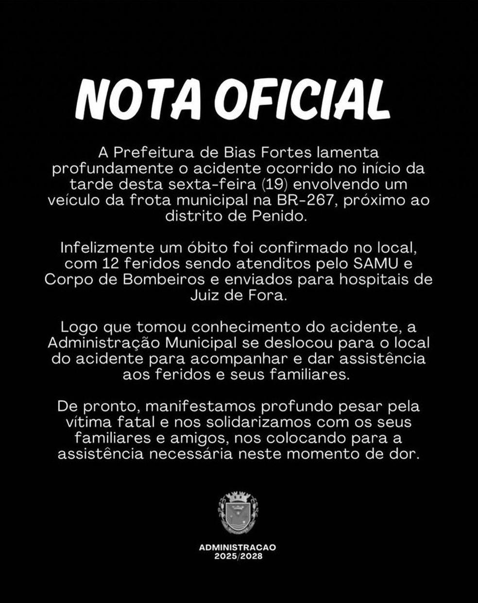 Nota da Prefeitura de Bias Fortes aps acidente com micro-nibus que deixou passageiro morto na BR-267 Foto Redes SociaisReproduo