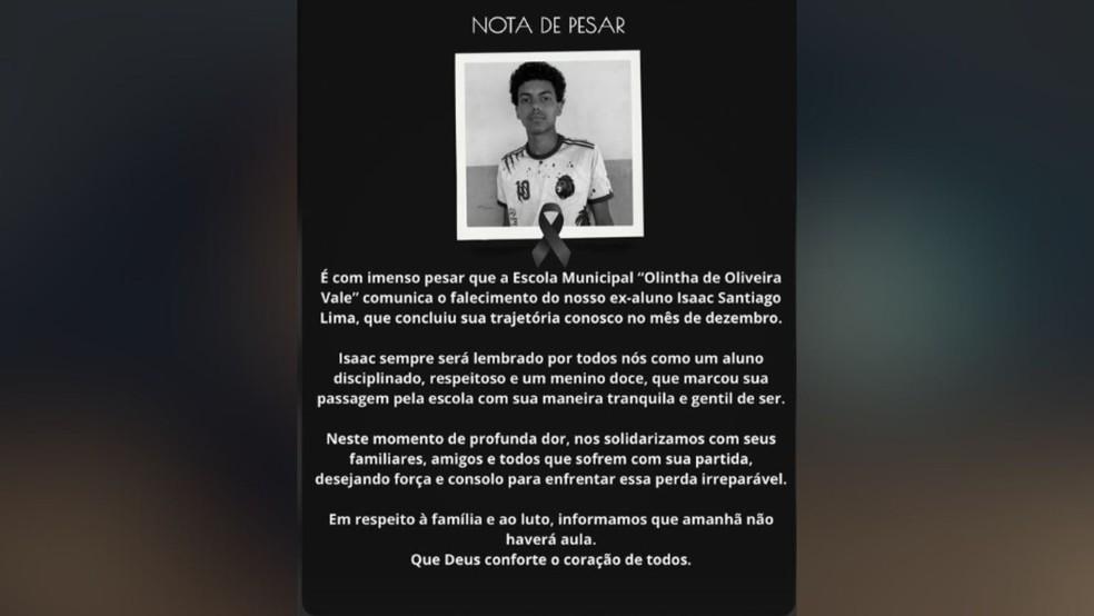 Escola de Arapor onde Isaac Lima estudou publicou nota de pesar Foto Redes sociaisReproduo