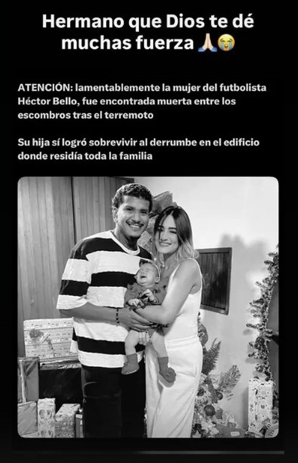 Post confirma morte de mulher do jogador Hector Bello em terremoto no Venezuela Foto ReproduoRedes sociais